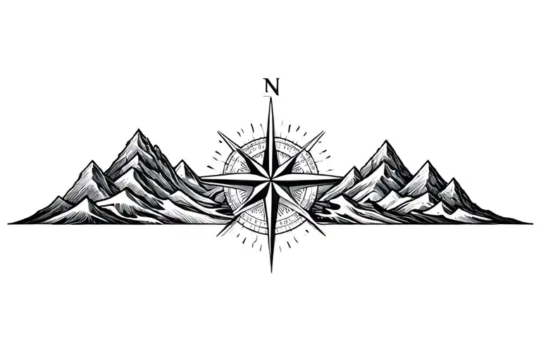 large compass surrounded by intricate geometric mountains and waves, black and white, add triangle pattern tattoo design idea