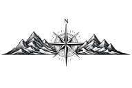 large compass surrounded by intricate geometric mountains and waves, black and white, add triangle pattern tattoo design idea