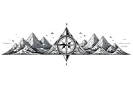 large compass surrounded by intricate geometric mountains and waves, black and white, add triangle pattern tattoo design idea