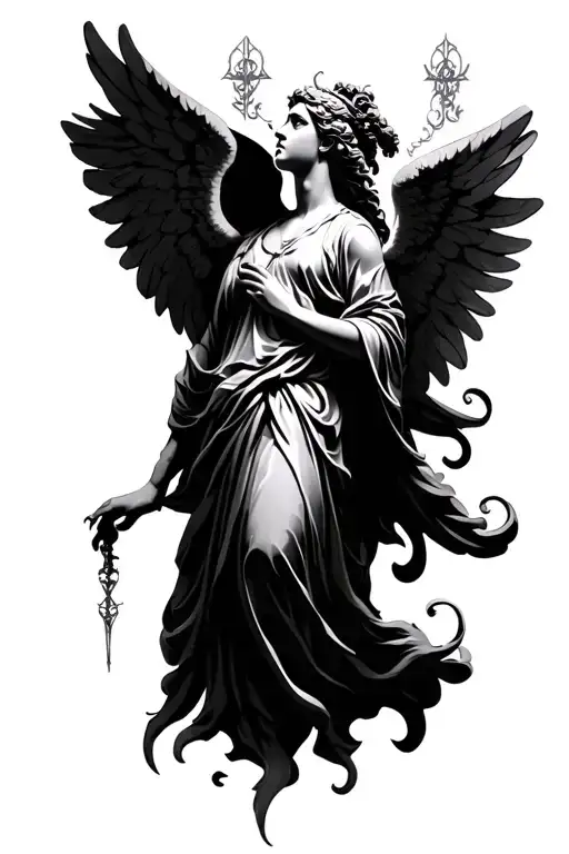 Stoic tattoo of an angel add tribal and ancient mythology concepts, make it traditional style tattoo design idea