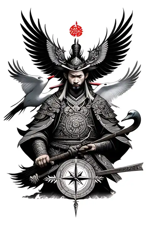 Chinese warrior with cranes and a compass behind it tattoo design idea