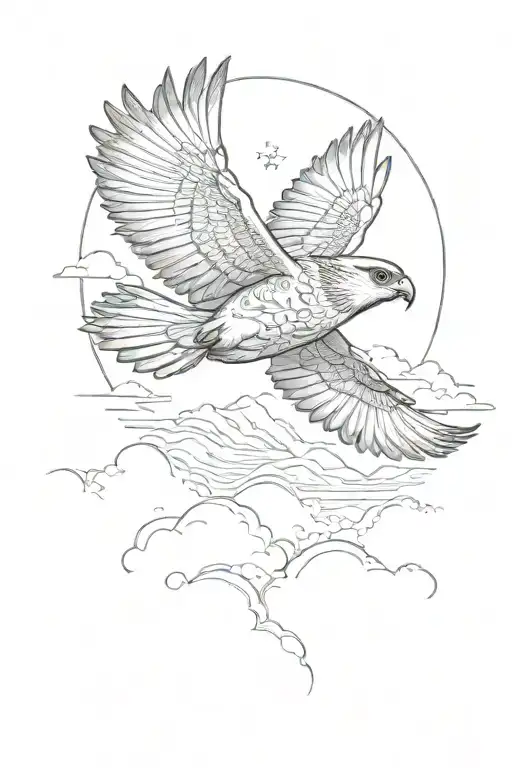 flying little falcon against the background of snowy mountains and clouds tattoo design idea