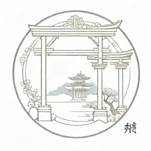 torii gate with shinto shrine  circle minimalistic tattoo design  tattoo design idea