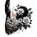 upper torso of a man, shirtless, arm raised, no head or hands, roses bloom from where head and hands would be tattoo design idea
