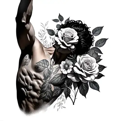 upper torso of a man, shirtless, arm raised, no head or hands, roses bloom from where head and hands would be tattoo design idea