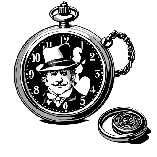 pocket watch showing 3 o'clock with monopoly man's face tattoo design idea