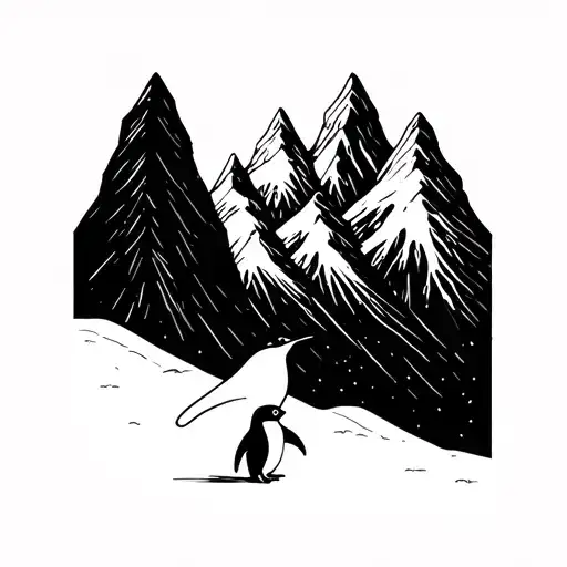 Minimalist single line penguin walking towards tiny mountain peaks, fine line art, no shading tattoo design idea