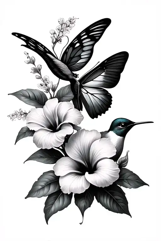 hibiscus, magnolia, tangerine, hummingbird, butterfly, snap dragon, tattoo design idea