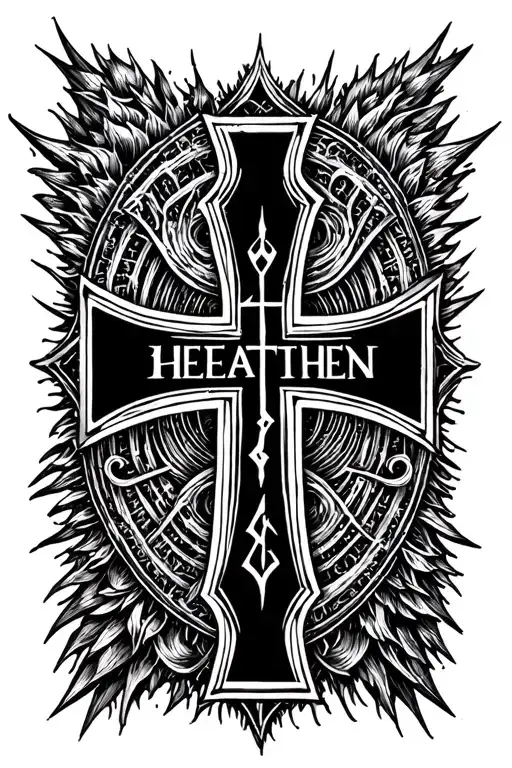 cyber sigilism cross with the word Heathen across tattoo design idea
