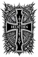 cyber sigilism cross with the word Heathen across tattoo design idea