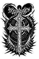 cyber sigilism cross with the word Heathen across tattoo design idea