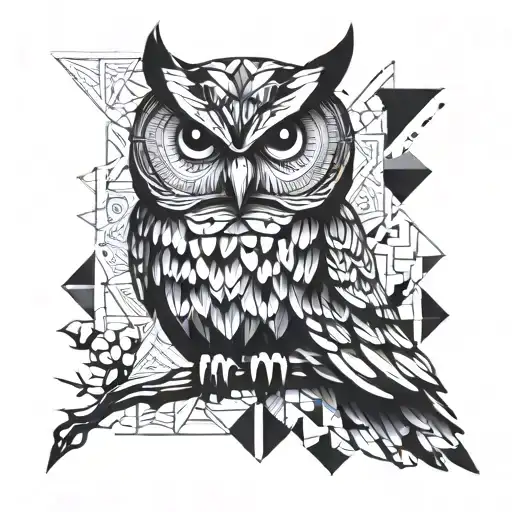 owl preparing to fly with geometric background tattoo design idea