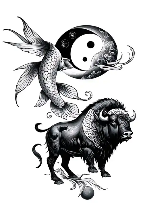 Spiritual figure with 4 elements, flying bison, koi in yin-yang, temples, planet, mix of blackwork and soft color tattoo design idea