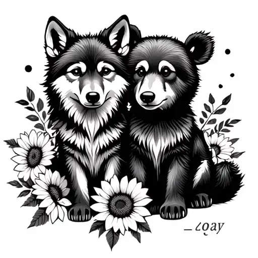 baby wolf and baby bear sitting with sunflowers and roses  tattoo design idea