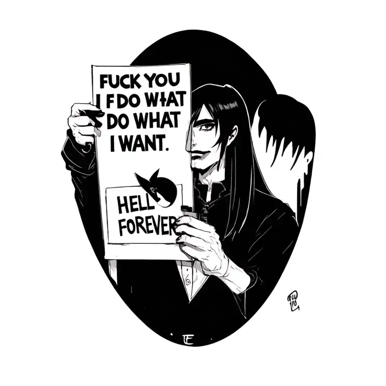 Adam from hazbin hotel holding a sign saying "fuck you I do what I want" with wording over on top saying hell is forever tattoo design idea