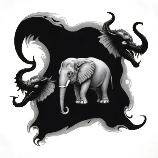 three headed elephant vs dragon  tattoo design idea