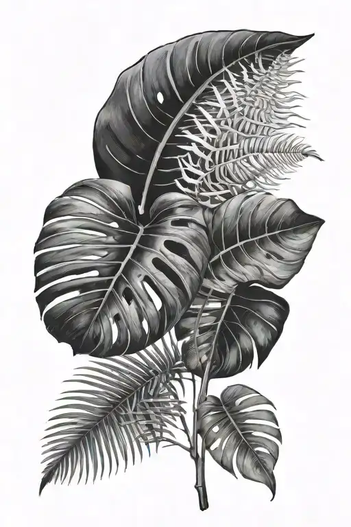 monstera plant and fern leaf tattoo design idea