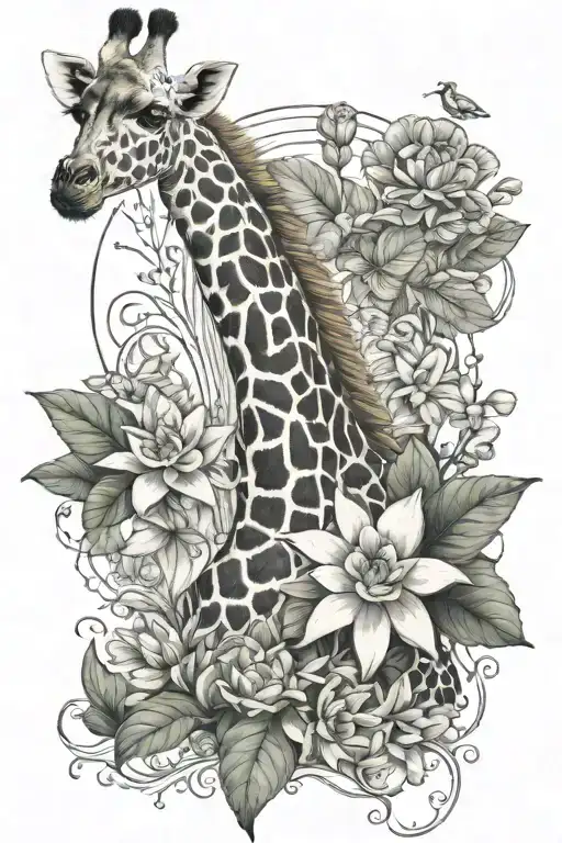 giraffe with water lily and larkspur tattoo design idea