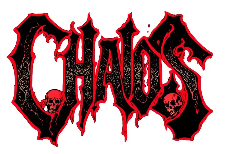 "Chaos" death metal font and rose red color surrounded by skulls tattoo design idea