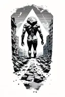 An anthropomorphic rock walking through a background of geometric urban destruction toward light. Seen from behind tattoo design idea