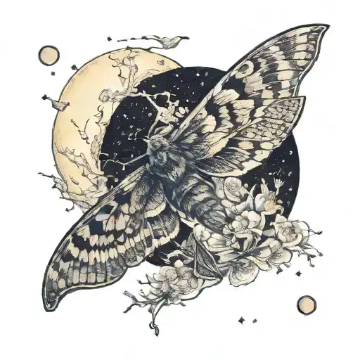 A moth flying under a full moon in a serene ocean setting tattoo design idea