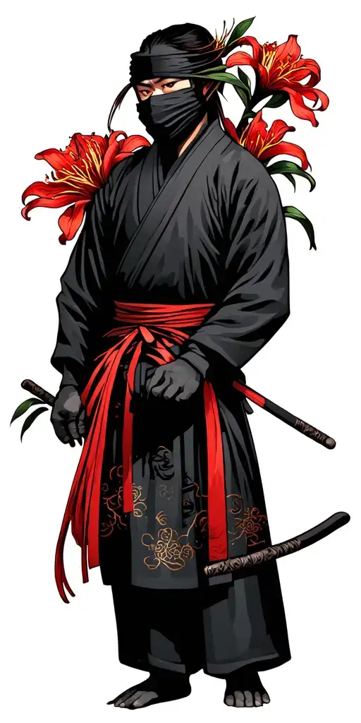 shinobi ninja with red spider lily flower tattoo design idea