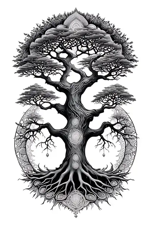 Tree of Life with strong roots, trunk, and branches morphing into Thai mandala sacred geometry. more fine line work  tattoo design idea