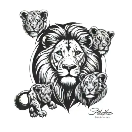 male and female lion with 2 cubs face only tattoo design idea