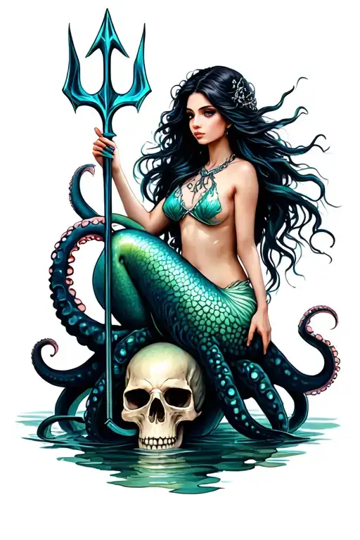 A siren mermaid is sitting on an octopus/skull hybrid and is holding a trident tattoo design idea