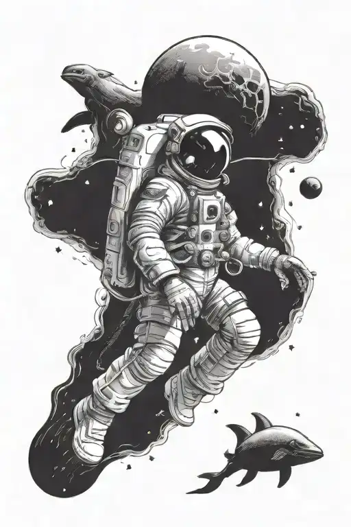 astronaut floating in space but it's under water with deep sea creature aliens tattoo design idea