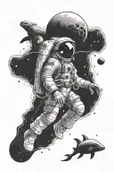 astronaut floating in space but it's under water with deep sea creature aliens tattoo design idea