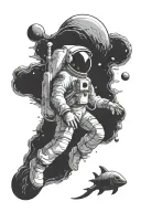 astronaut floating in space but it's under water with deep sea creature aliens tattoo design idea