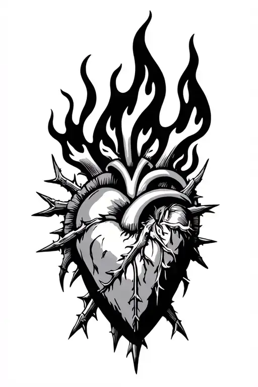 Sacred heart with flames on top and thorns tattoo design idea