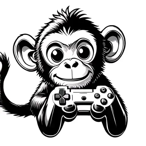 A cute monkey playing game controller tattoo design idea