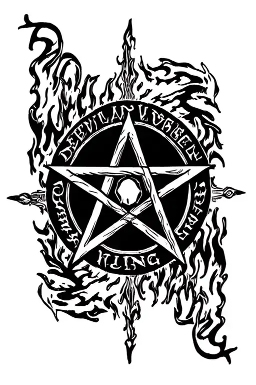 lettering deevil king 666 pentagram surrounded fire tattoo design idea