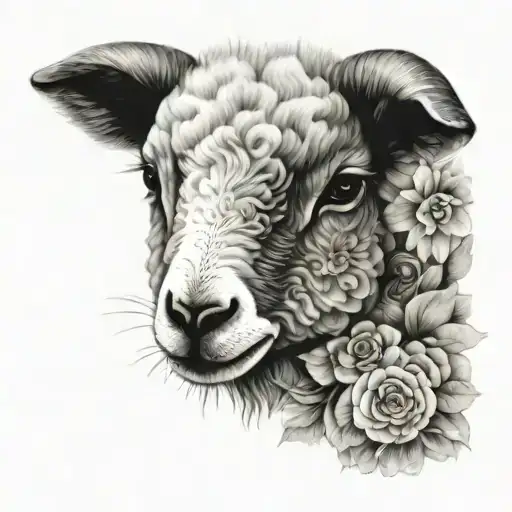 cute symmetrical lamb face made with fine line clouds tattoo design idea