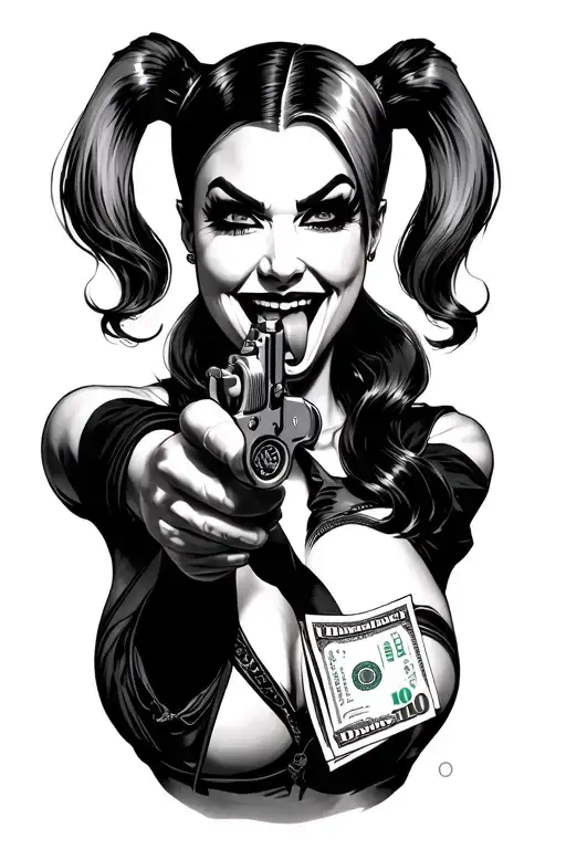 Harley Quinn holding a revolver near her face with her tongue poking out smirking surrendered by $100 bills tattoo design idea