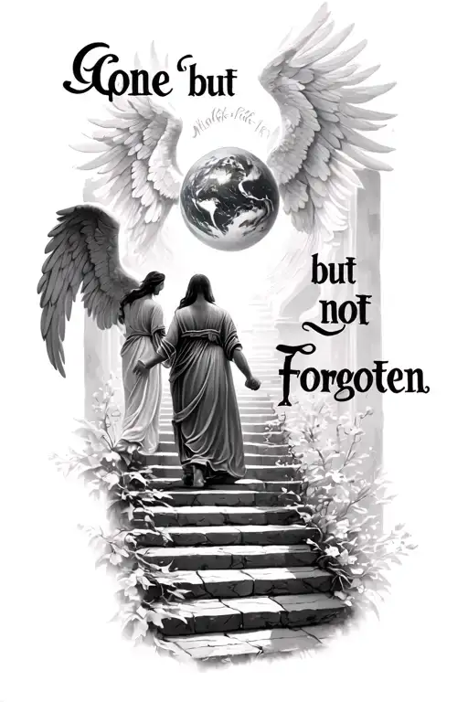 "Gone but not forgotten" cinematic stairway to heaven serene holding hands leaving earth walking into heaven angels  tattoo design idea