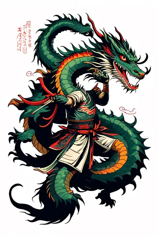 samurai fighting a dragon wrapped tattoo design idea