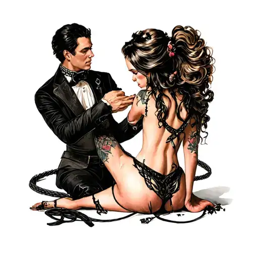 "With a dongeon, whips,collars," s&M scene with man worshiping at a sexy womans feet in subbmissive way. tattoo design idea