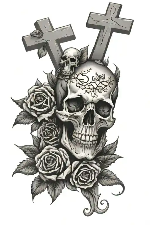skull, flowers, cross, gravestone  tattoo design idea