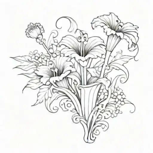 Venus flytraps design thin lines black work with detailed greek Corinthian, baroque, filigree spirals on stem tall tattoo design idea