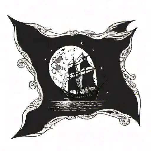 A pirate ship sailing under a full moon with a bottle of rum and a Corona in hand tattoo design idea