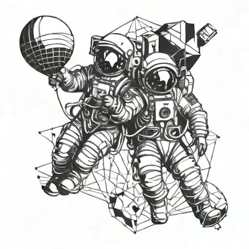 two astronauts holding onto a balloon floating tattoo design idea