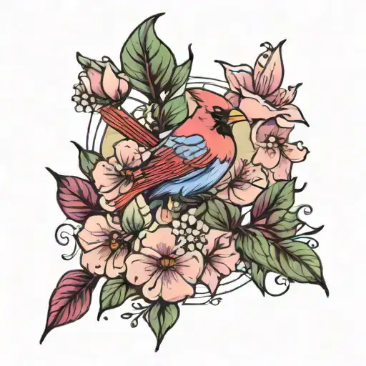 lilac flower and moonflower with a cardinal bird tattoo design idea