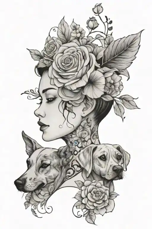 women face,book, dog, flower growing tattoo design idea