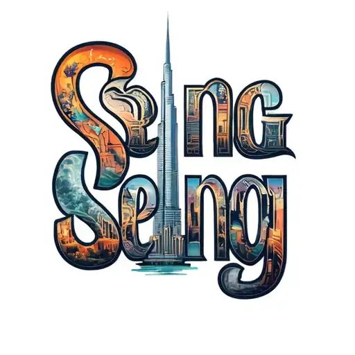 "SENG" Create a highly detailed, full-color tattoo-style illustration featuring Dubai's iconic landmarks such as Burj Khalifa,  tattoo design idea