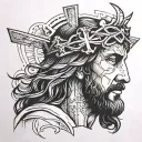 face of jesus with crosses underneath tattoo design idea
