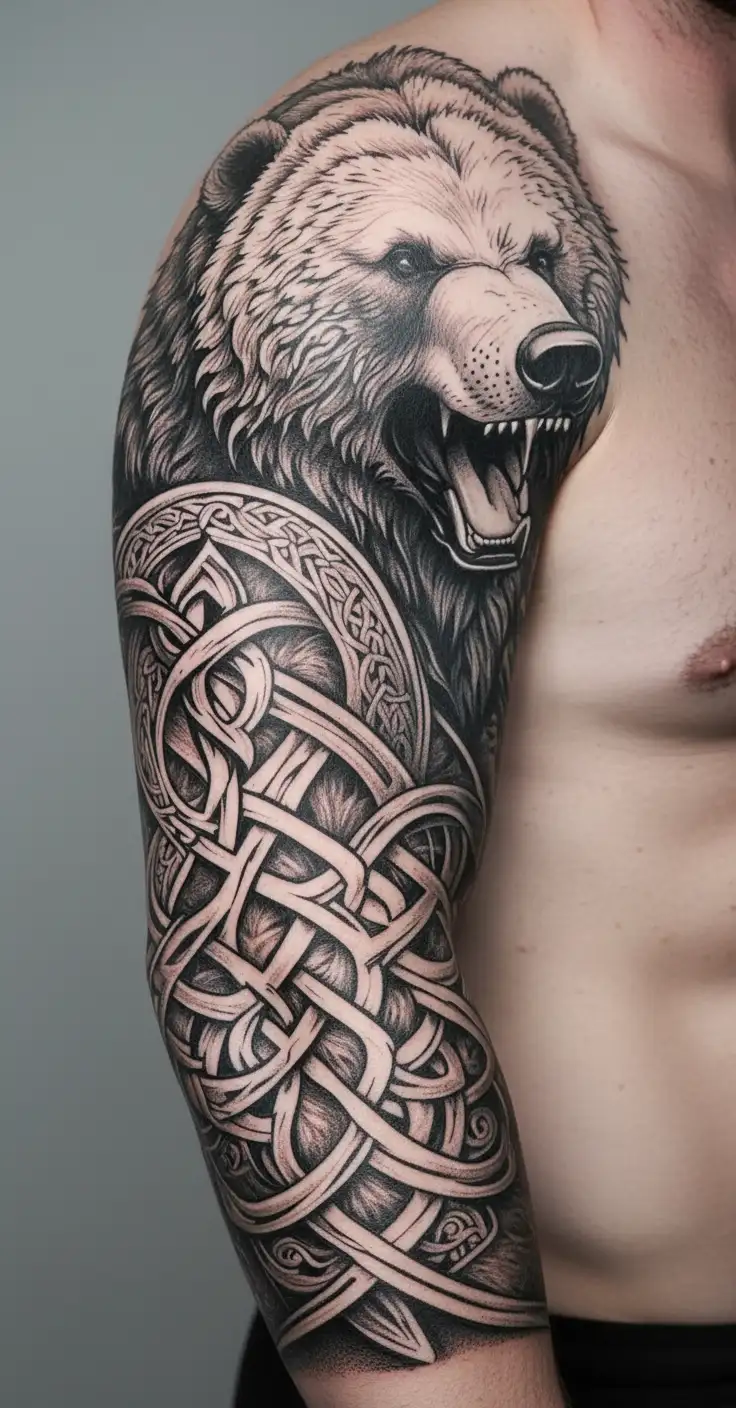 armor arm sleeve with celtic knots and roaring bear head tattoo design idea