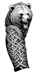 armor arm sleeve with celtic knots and roaring bear head tattoo design idea